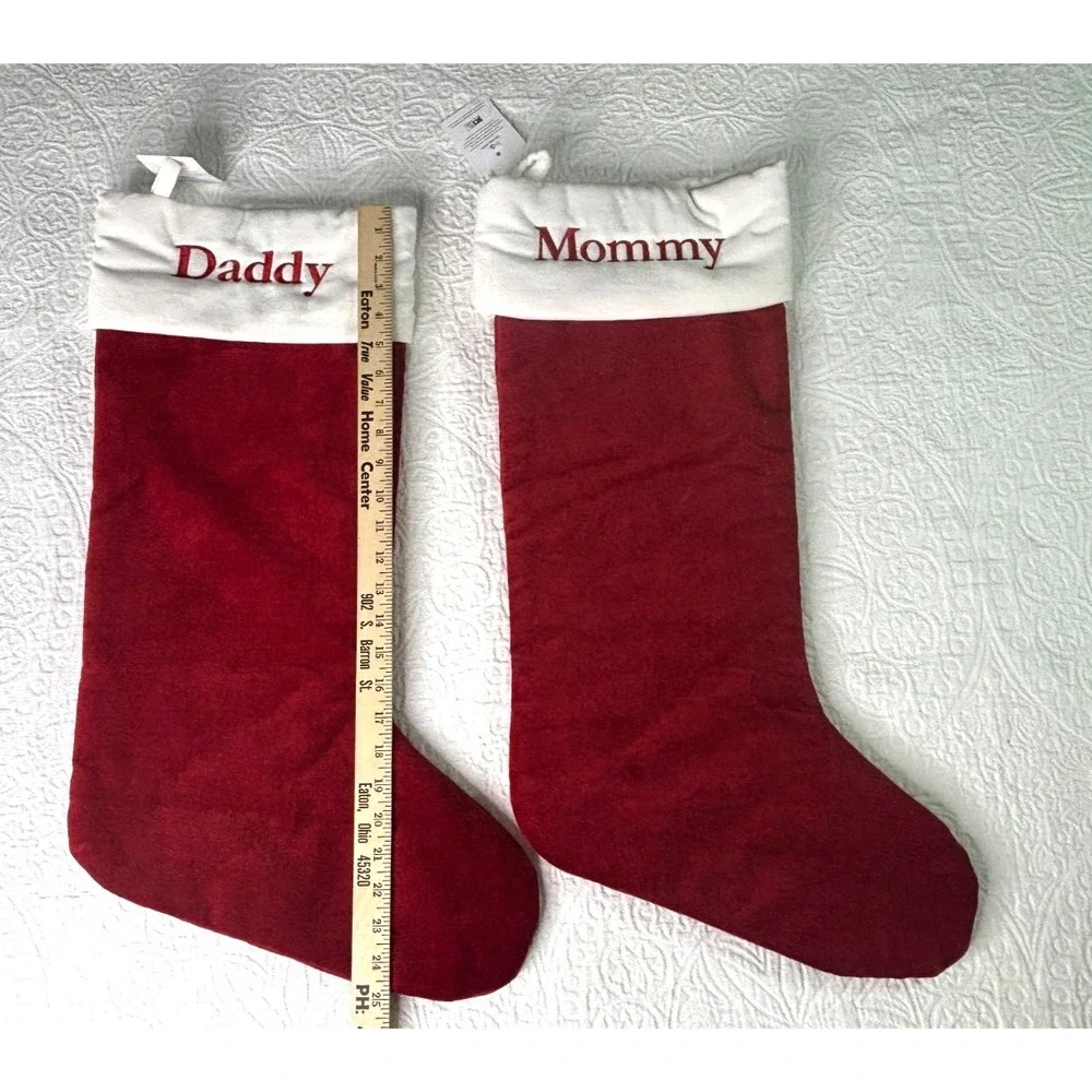 Pottery Barn Extra Large Velour Christmas‎ Stockings Set of 2 Embroidered NEW